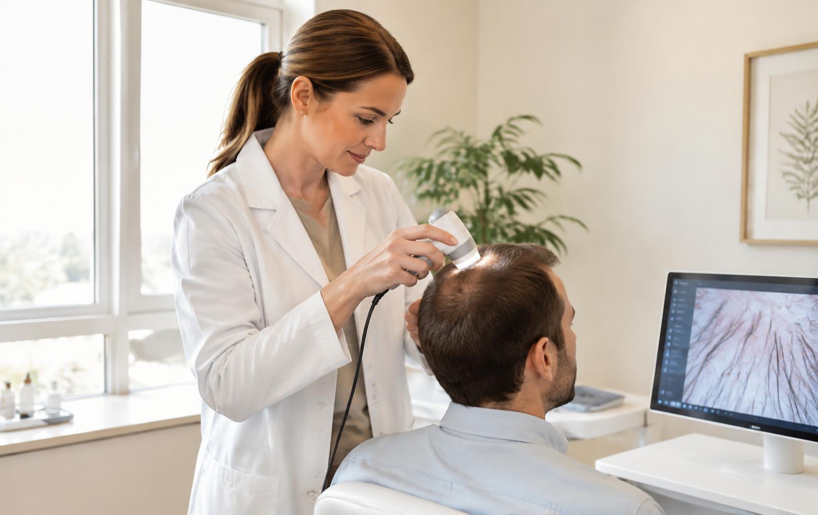 Specialist assessing a client's scalp